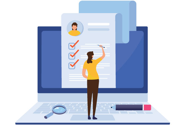 Cartoon of a person checking over resume Cartoon of a person checking over resume