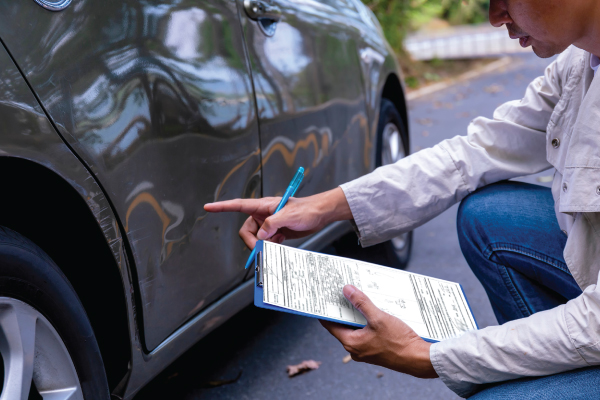 Adjuster inspecting damaged car